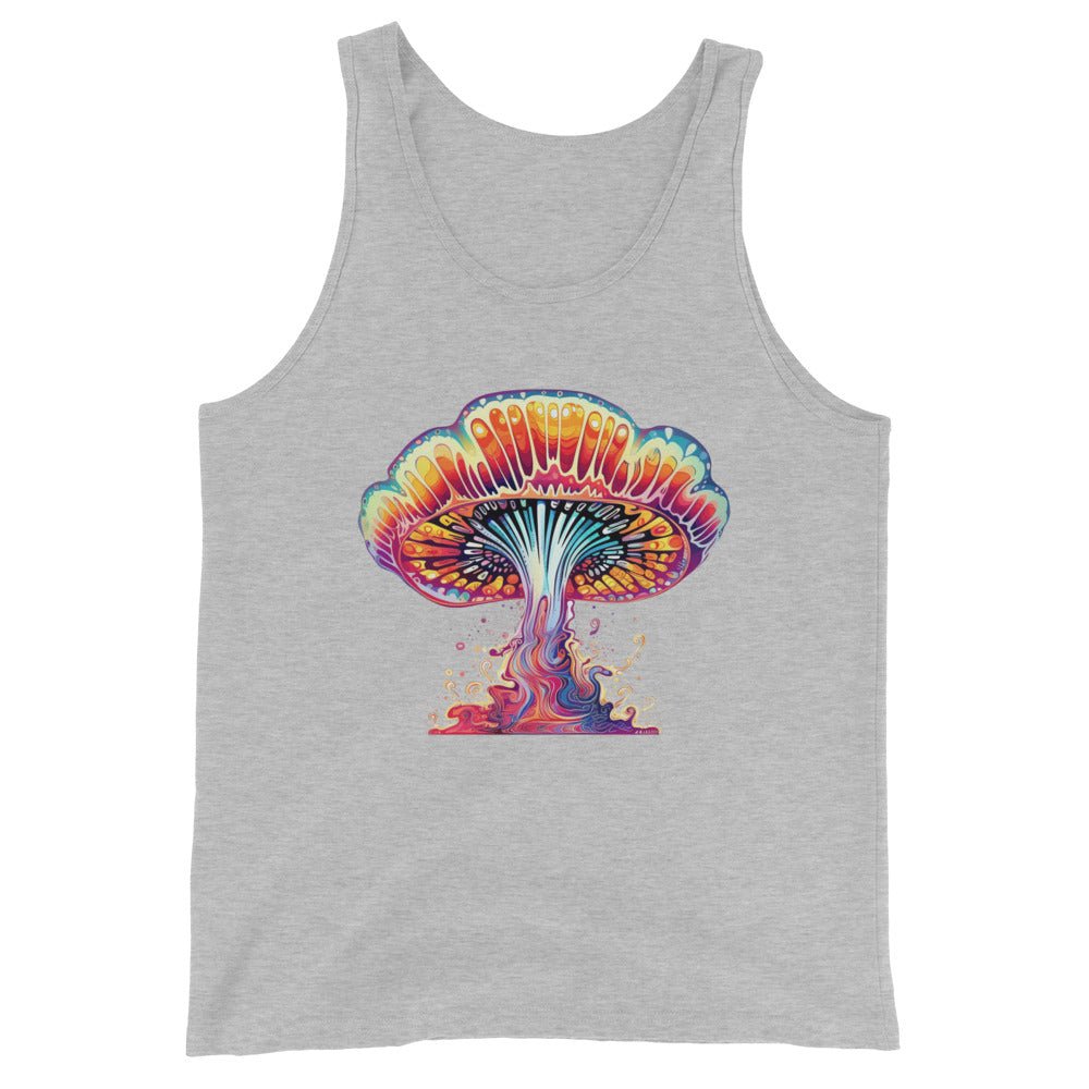 Cosmic Explorer Tank Top front view – Grey psychedelic mushroom racerback tank by Fungal Drip