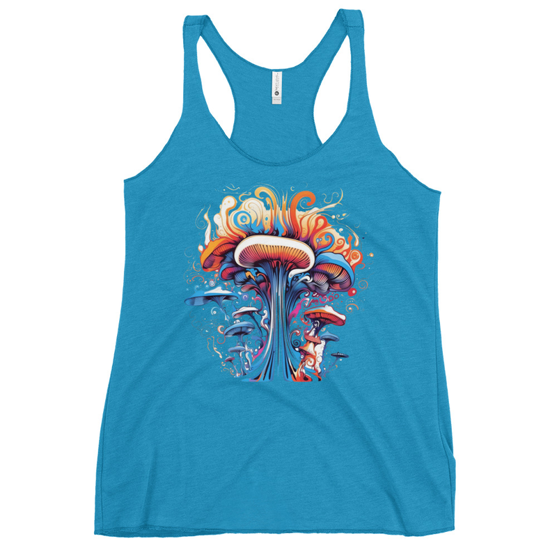 Mycology Maven Tank Top front view – Vintage Turquoise psychedelic mushroom racerback tank by Fungal Drip