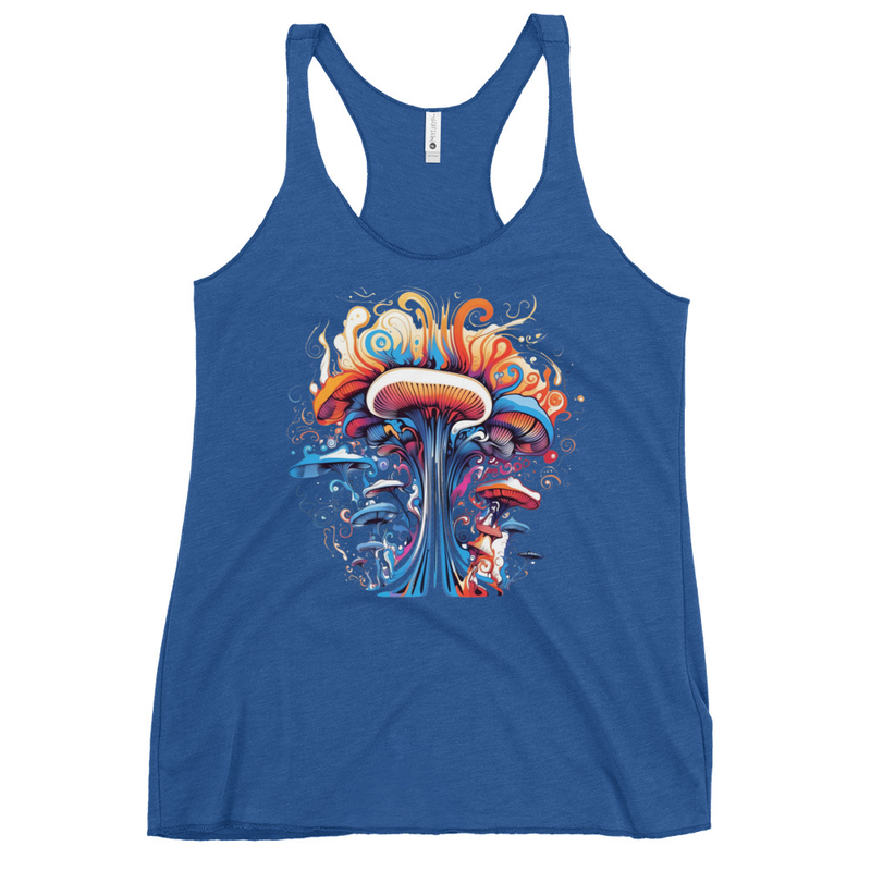 Mycology Maven Tank Top front view – Vintage Royal psychedelic mushroom racerback tank by Fungal Drip
