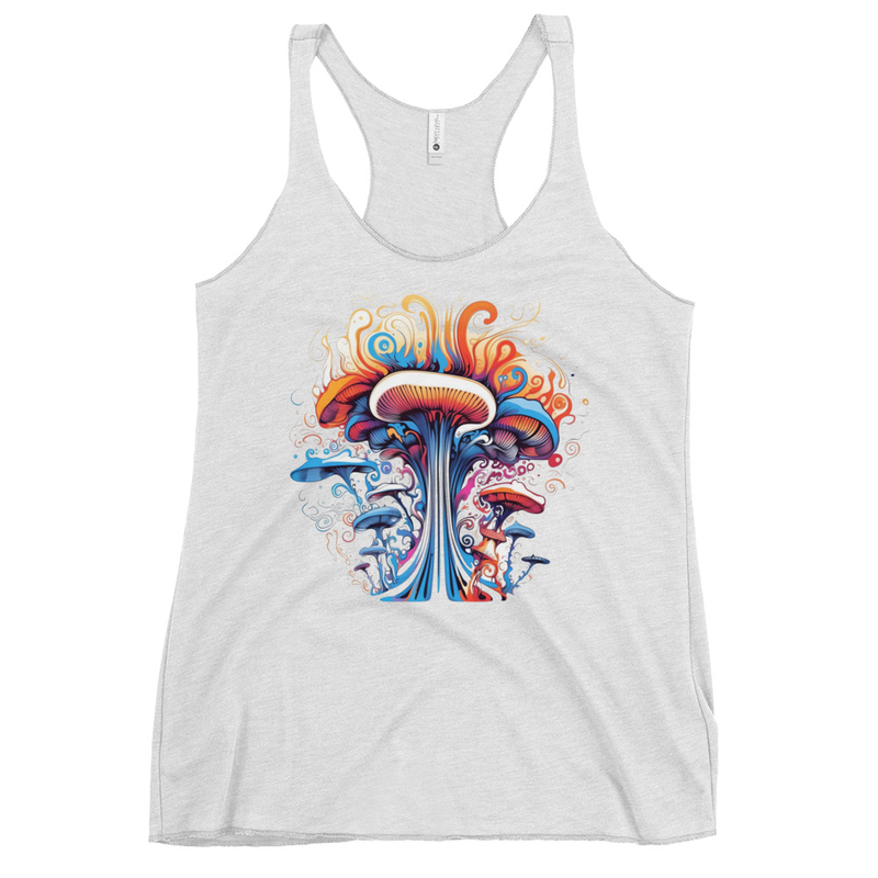 Mycology Maven Tank Top front view – Heather White psychedelic mushroom racerback tank by Fungal Drip