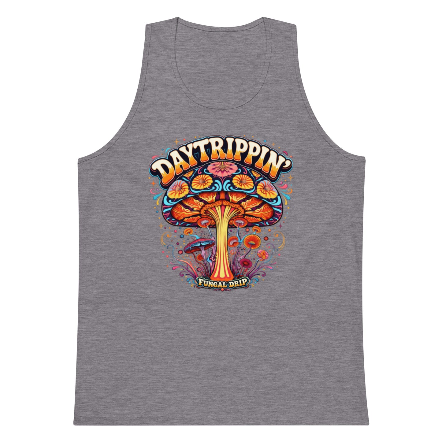 Daytrippin men’s tank top with original psychedelic mushroom artwork by Fungal Drip