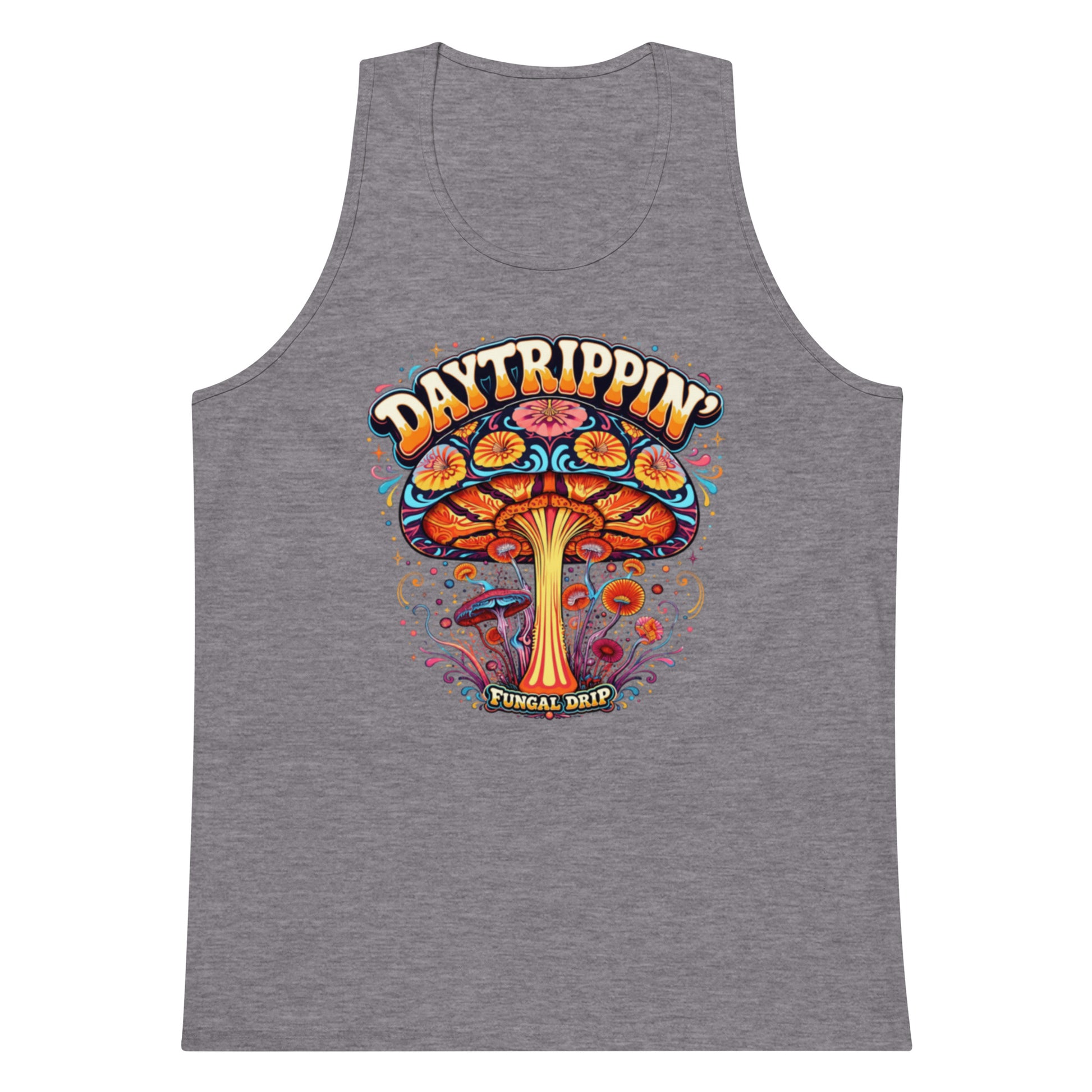 Daytrippin men’s tank top with original psychedelic mushroom artwork by Fungal Drip