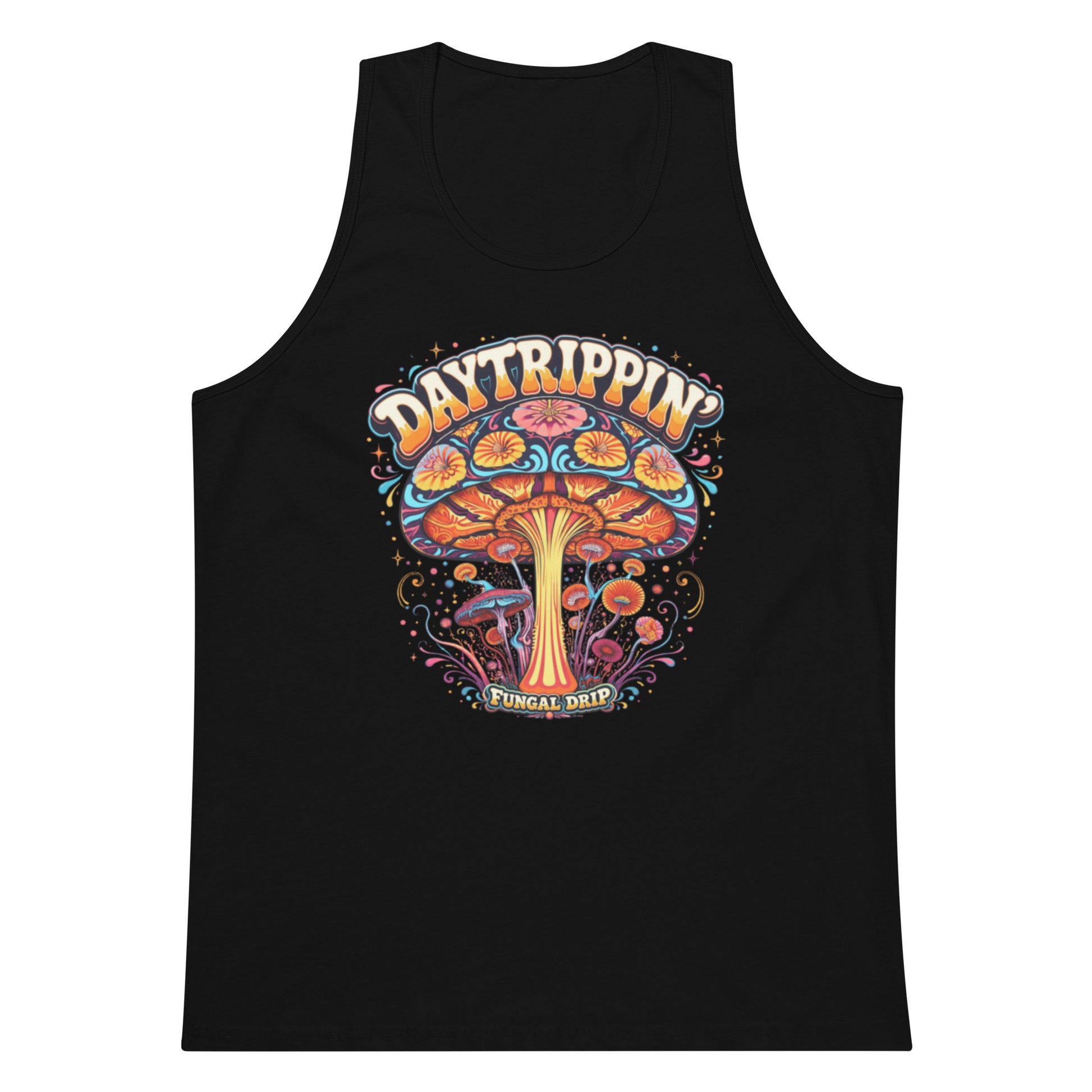 Daytrippin men’s tank top with original psychedelic mushroom artwork by Fungal Drip