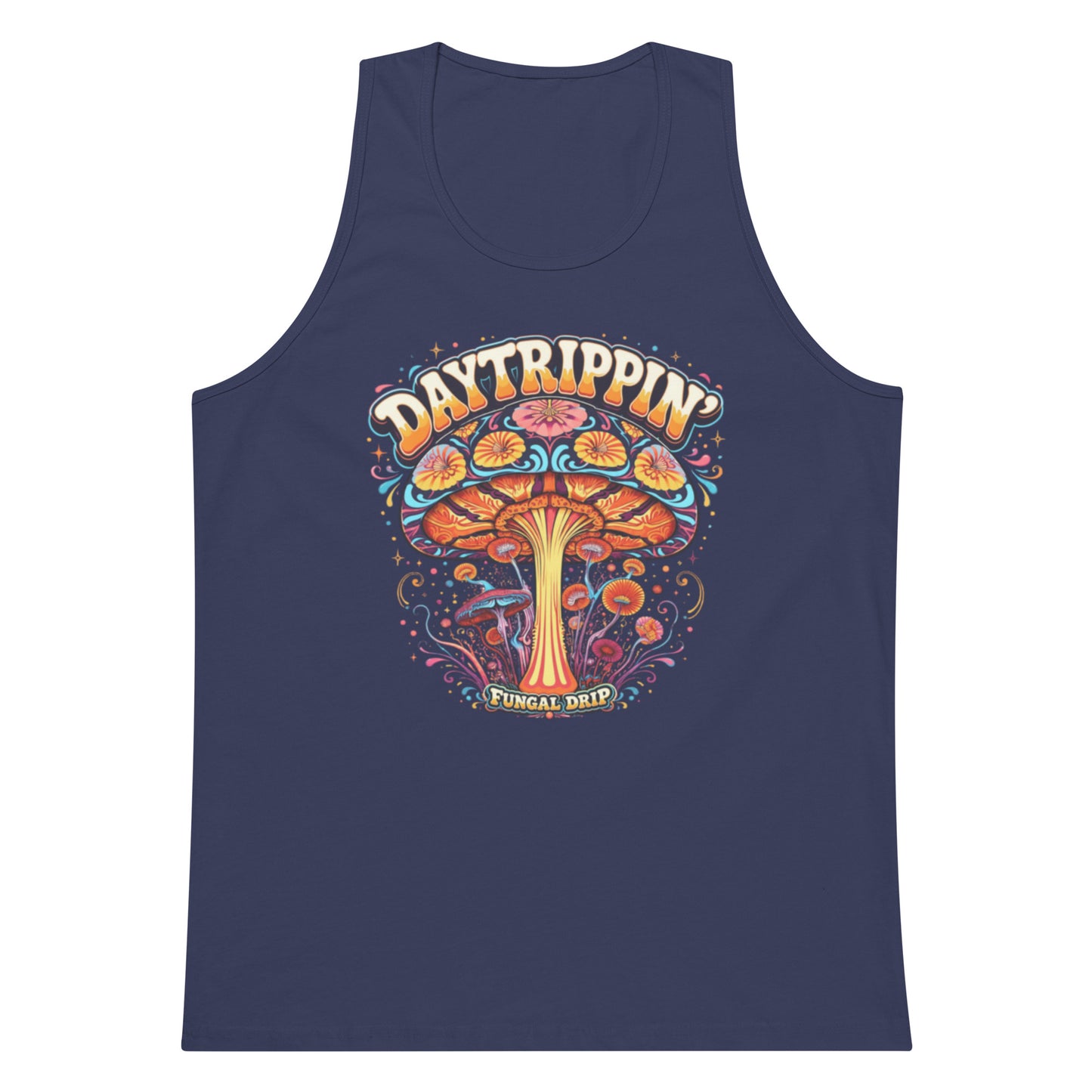 Daytrippin men’s tank top with original psychedelic mushroom artwork by Fungal Drip