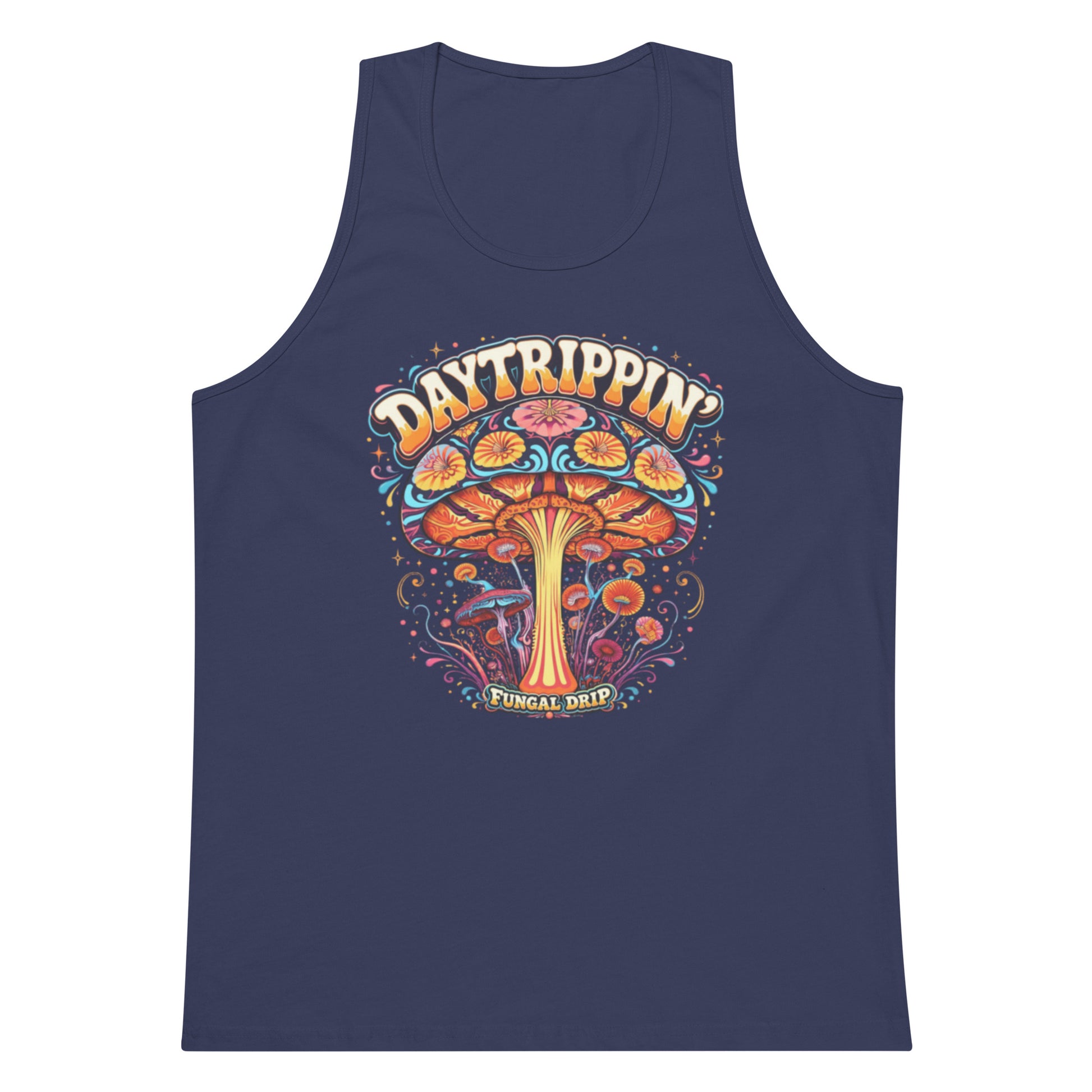 Daytrippin men’s tank top with original psychedelic mushroom artwork by Fungal Drip