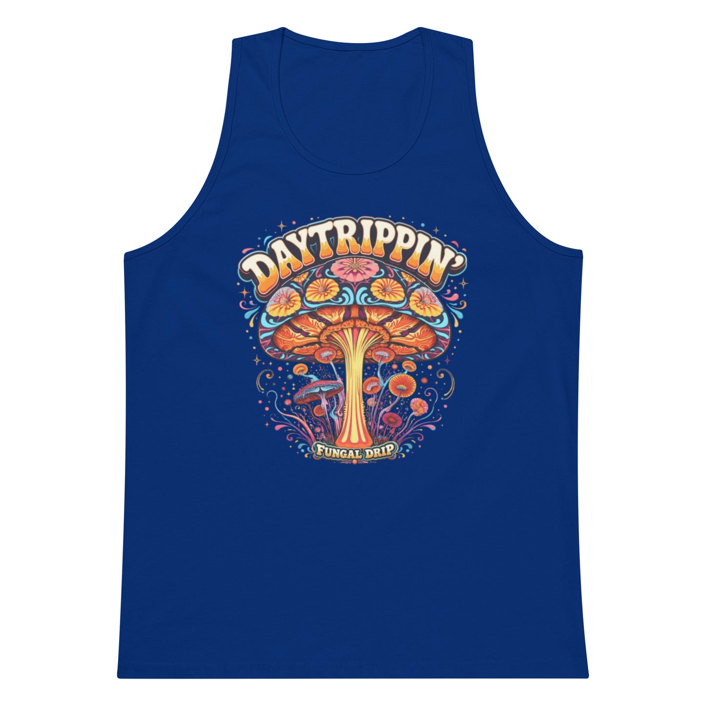 Daytrippin men’s tank top with original psychedelic mushroom artwork by Fungal Drip