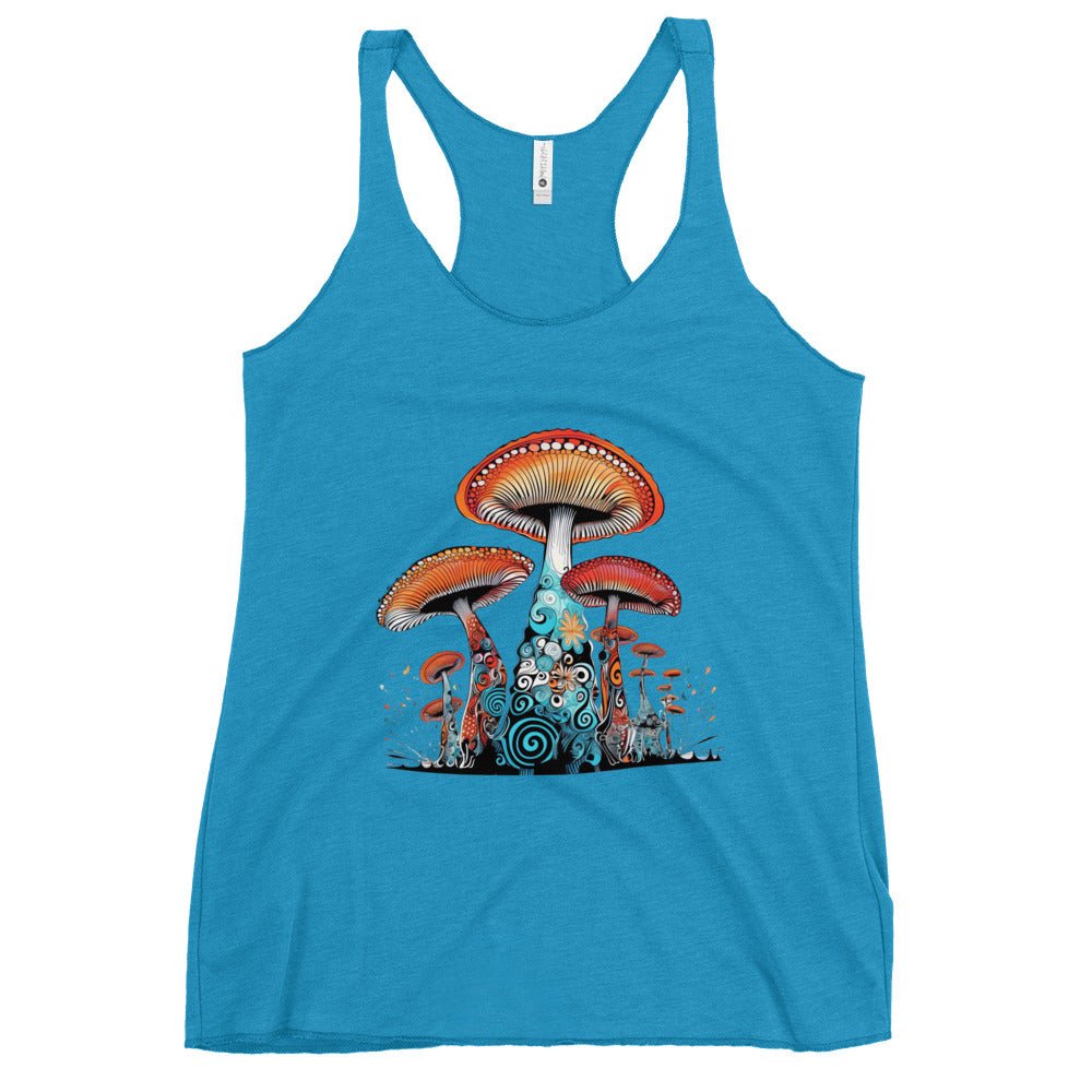 Cosmic Cap Cascade – Psychedelic Mushroom Racer Tank Top by Fungal Drip