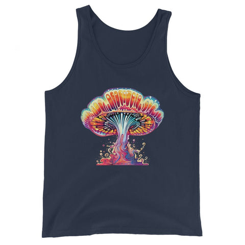 Cosmic Explorer Tank Top front view – Navy psychedelic mushroom racerback tank by Fungal Drip